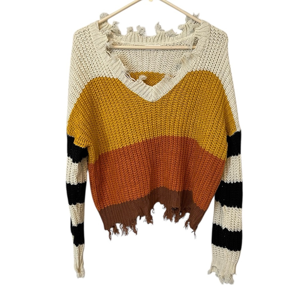 La Miel Sweater Womens Small/Med Striped V Neck Distressed Chunky Knit